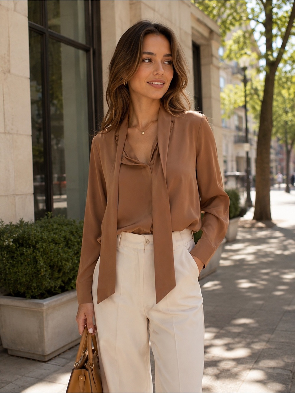Amazon Camel Tie-Neck Satin Blouse